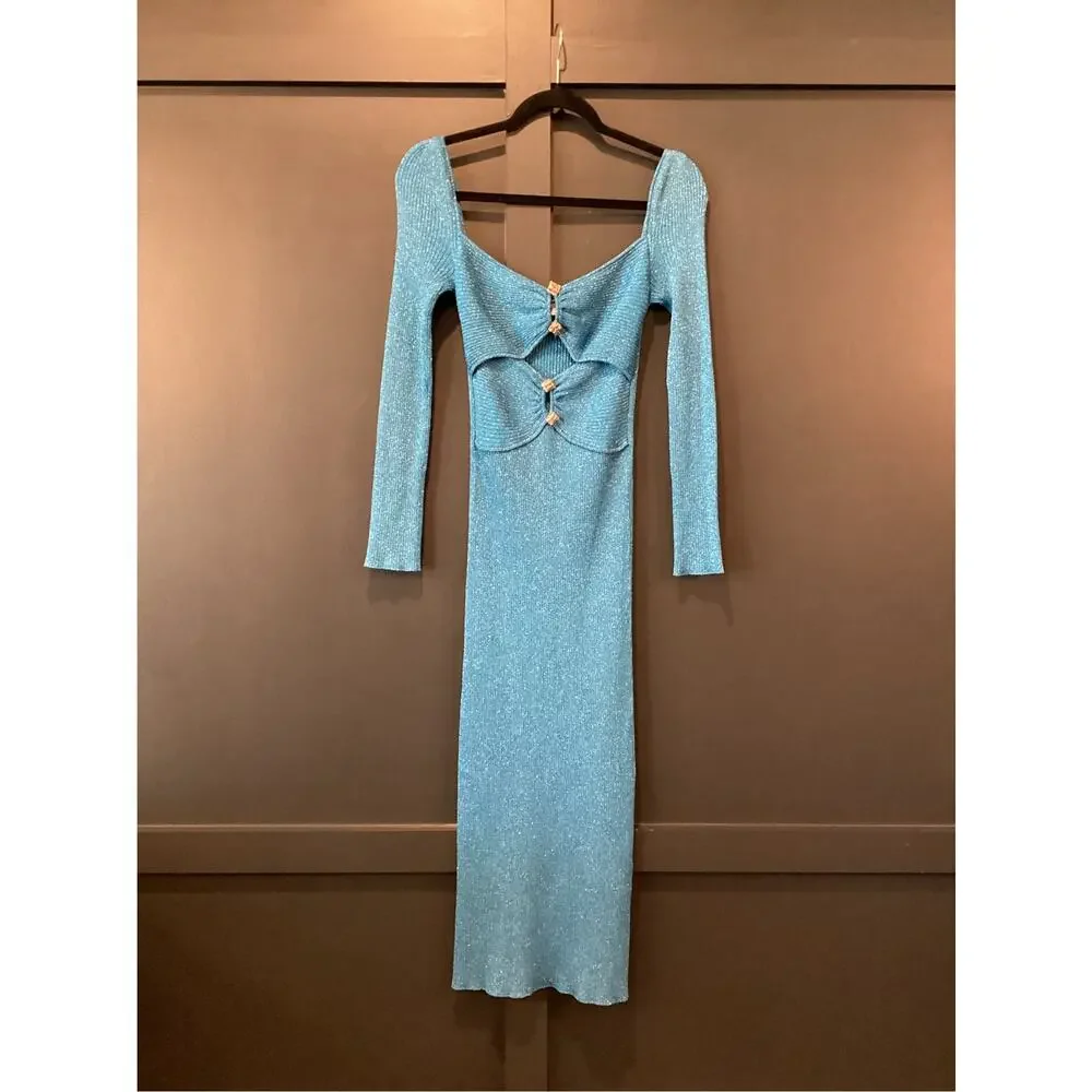 SELF PORTRAIT Blue Lurex Knit long sleeve cut out Midi Dress M